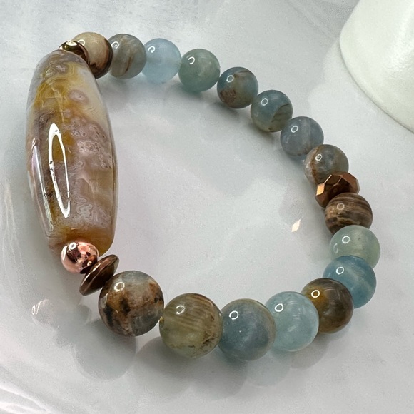 LEMURIAN AQUATINE + OCEAN JASPER NATURAL STONES BRACELET size 8” - Picture 6 of 9